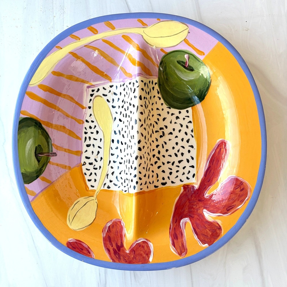 Dion Designs Hand Painted Ceramic Divided Serving Bowl Fruit Abstract 10.75 in